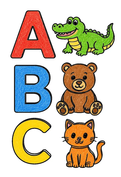 Completed crayon-colored example of the Letters A B C coloring page
