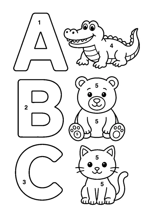 Letters A B C coloring page with numbered areas and a color key for color by number