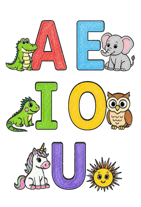 Completed crayon-colored example of the Vowels A E I O U coloring page