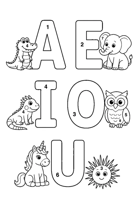 Vowels A E I O U coloring page with numbered areas and a color key for color by number