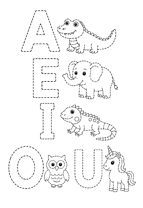 Tracing outline of the five vowels A, E, I, O and U with a small animal beside each, drawn in dashed lines.