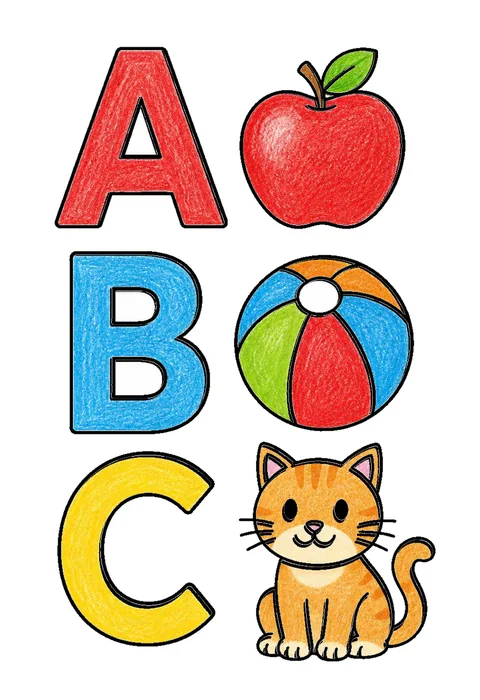 Completed crayon-colored example of the Tracing A B C coloring page