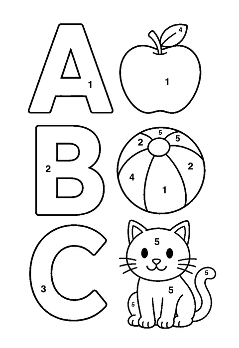 Tracing A B C coloring page with numbered areas and a color key for color by number