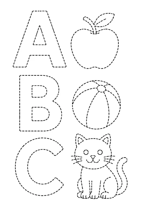 Tracing outline of capital letters A, B and C beside an apple, a ball and a cat, drawn in dotted lines.