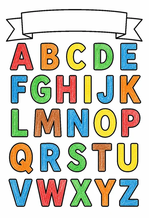 Completed crayon-colored example of the Alphabet poster A to Z coloring page