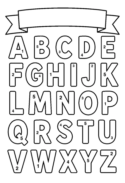 Alphabet poster A to Z coloring page with numbered areas and a color key for color by number