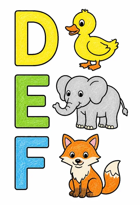 Completed crayon-colored example of the Letters D E F coloring page