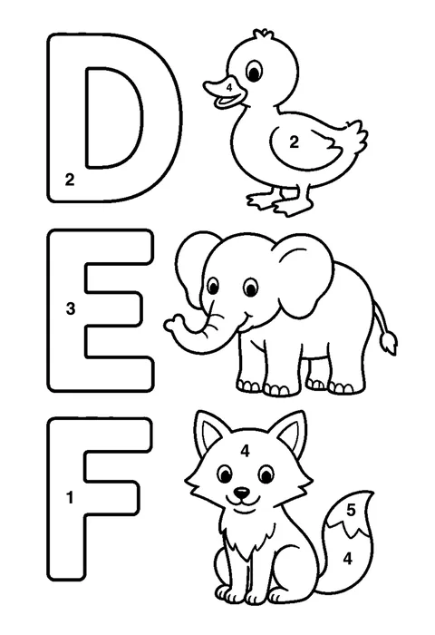 Letters D E F coloring page with numbered areas and a color key for color by number