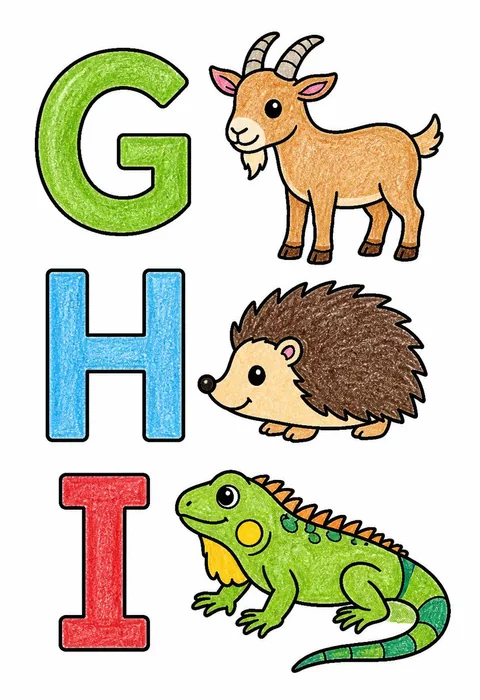 Completed crayon-colored example of the Letters G H I coloring page