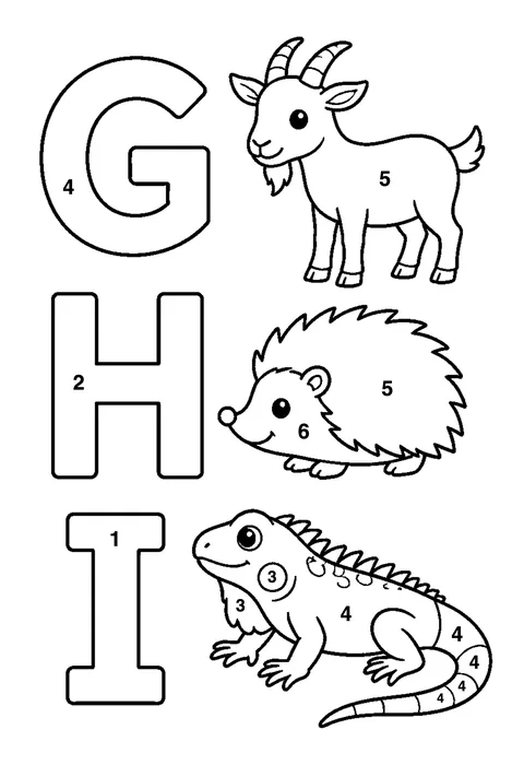 Letters G H I coloring page with numbered areas and a color key for color by number