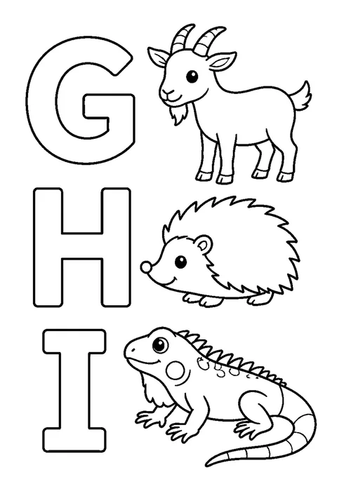 Line drawing of hollow capital letters G, H and I beside a goat, a hedgehog and an iguana.