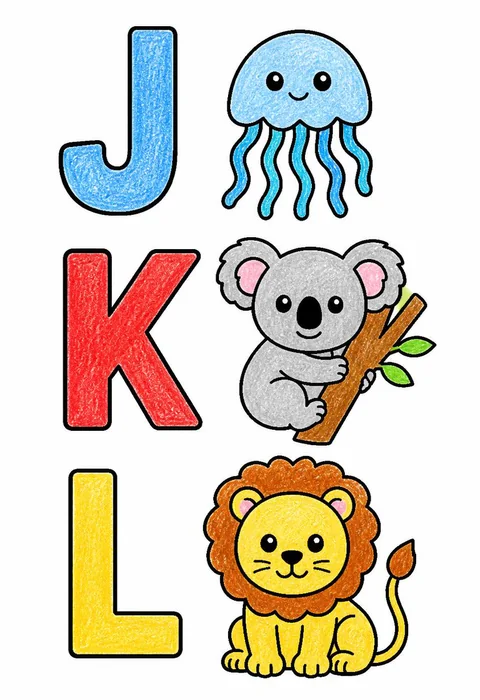 Completed crayon-colored example of the Letters J K L coloring page
