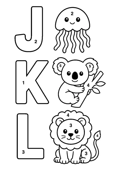 Letters J K L coloring page with numbered areas and a color key for color by number