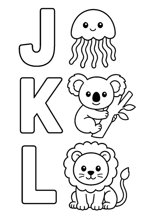 Line drawing of hollow capital letters J, K and L beside a jellyfish, a koala and a lion.