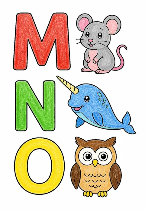 Completed crayon-colored example of the Letters M N O coloring page