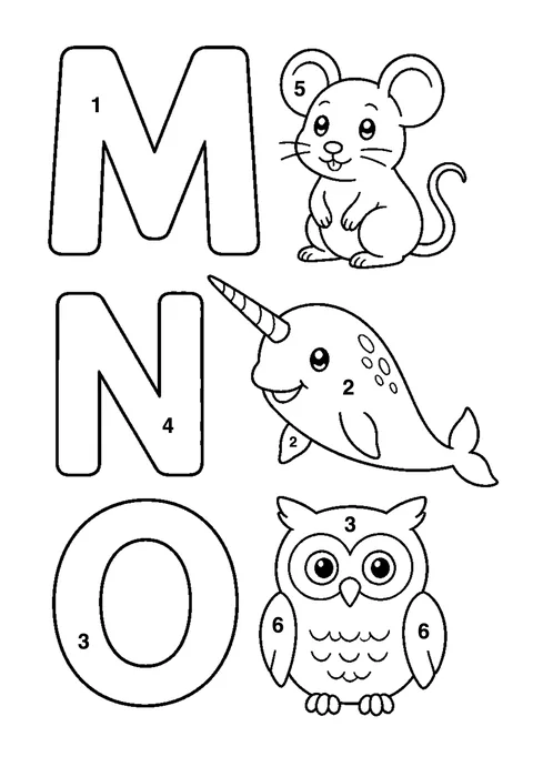 Letters M N O coloring page with numbered areas and a color key for color by number