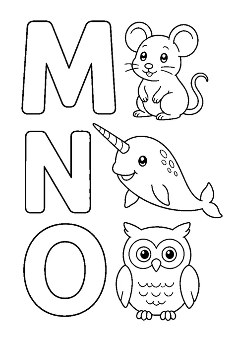 Line drawing of hollow capital letters M, N and O beside a mouse, a narwhal and an owl.