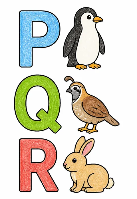 Completed crayon-colored example of the Letters P Q R coloring page