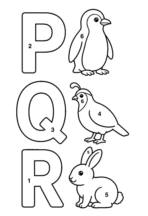 Letters P Q R coloring page with numbered areas and a color key for color by number
