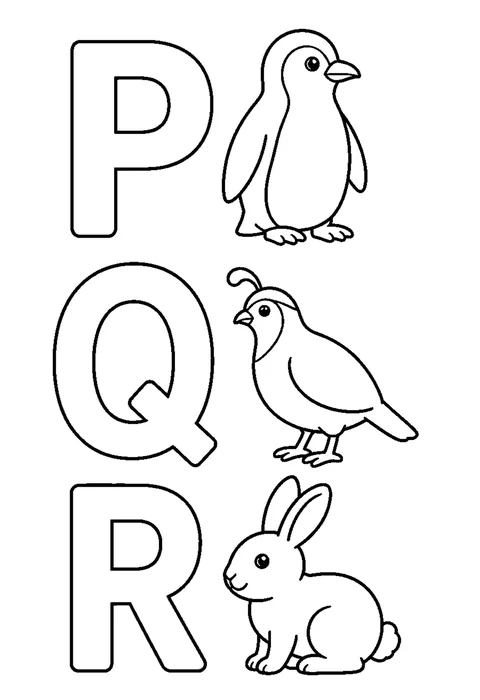 Line drawing of hollow capital letters P, Q and R beside a penguin, a quail and a rabbit.