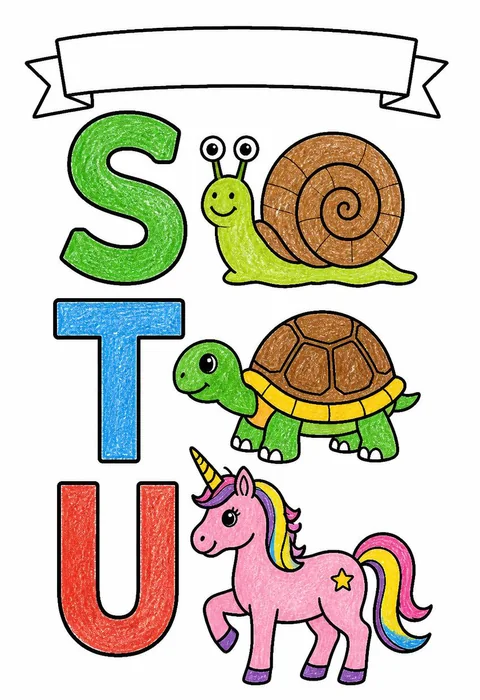 Completed crayon-colored example of the Letters S T U coloring page