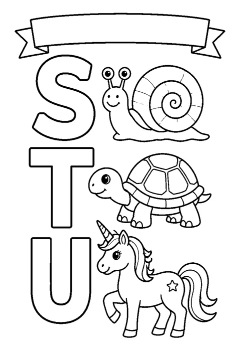 Bold line drawing of hollow capital letters S, T and U beside a snail, a turtle and a unicorn.