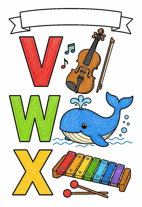Completed crayon-colored example of the Letters V W X coloring page