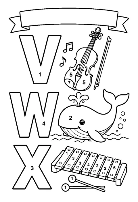 Letters V W X coloring page with numbered areas and a color key for color by number
