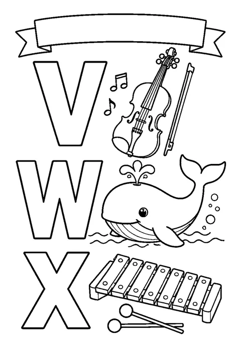 Bold line drawing of hollow capital letters V, W and X beside a vulture, a whale and a fox.