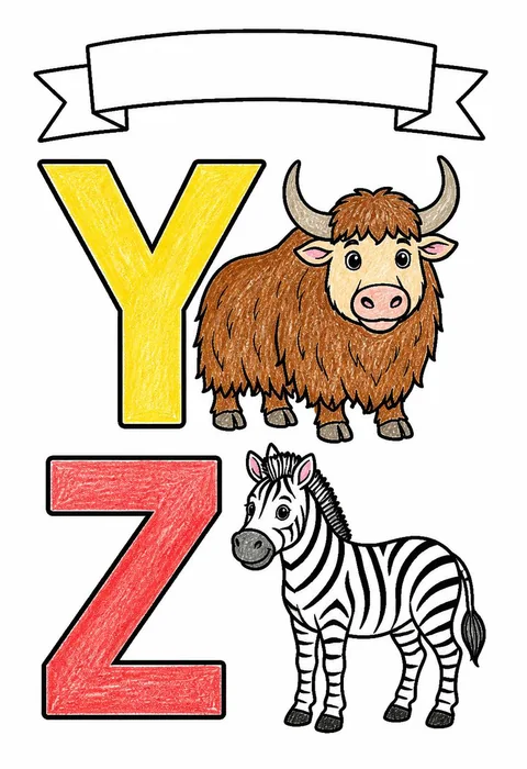 Completed crayon-colored example of the Letters Y Z coloring page
