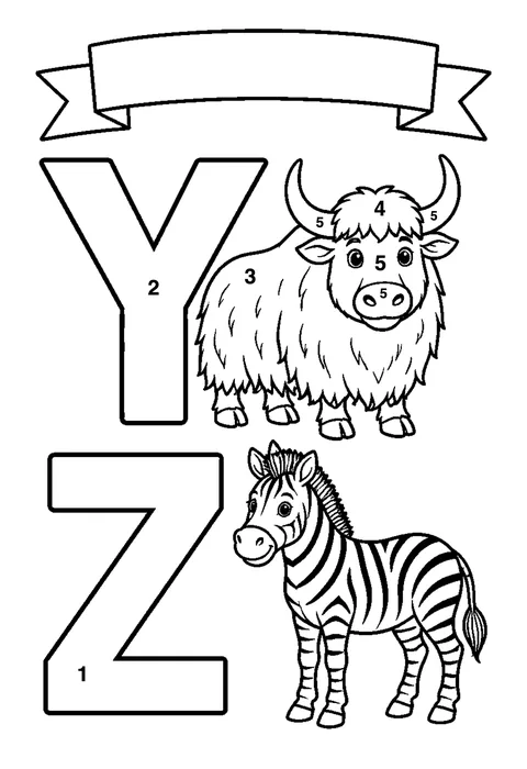 Letters Y Z coloring page with numbered areas and a color key for color by number