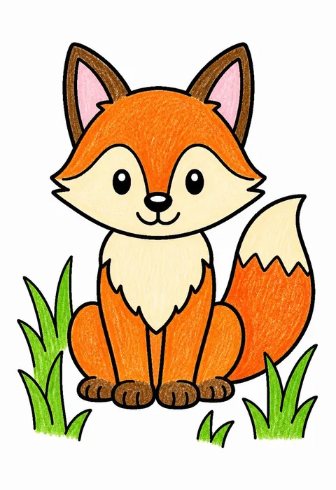 Completed crayon-colored example of the Fox in the grass coloring page