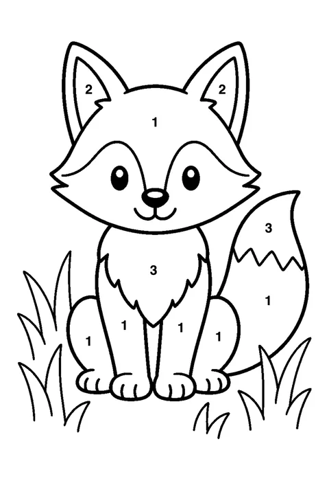Fox in the grass coloring page with numbered areas and a color key for color by number