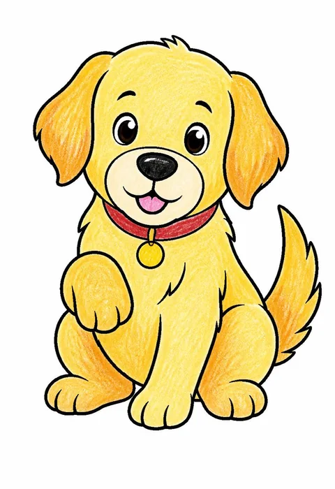 Completed crayon-colored example of the Golden retriever puppy coloring page