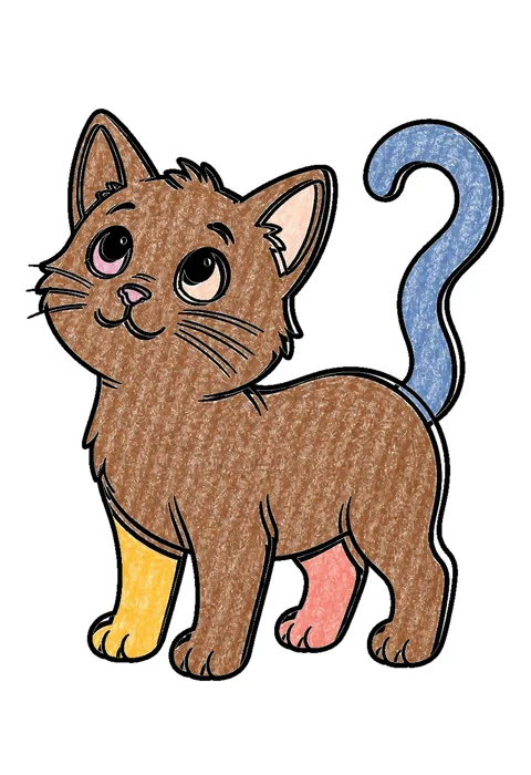 Completed crayon-colored example of the Grey kitten coloring page
