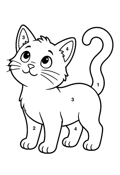 Grey kitten coloring page with numbered areas and a color key for color by number