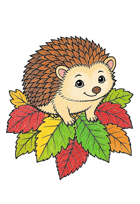 Completed crayon-colored example of the Hedgehog on leaves coloring page