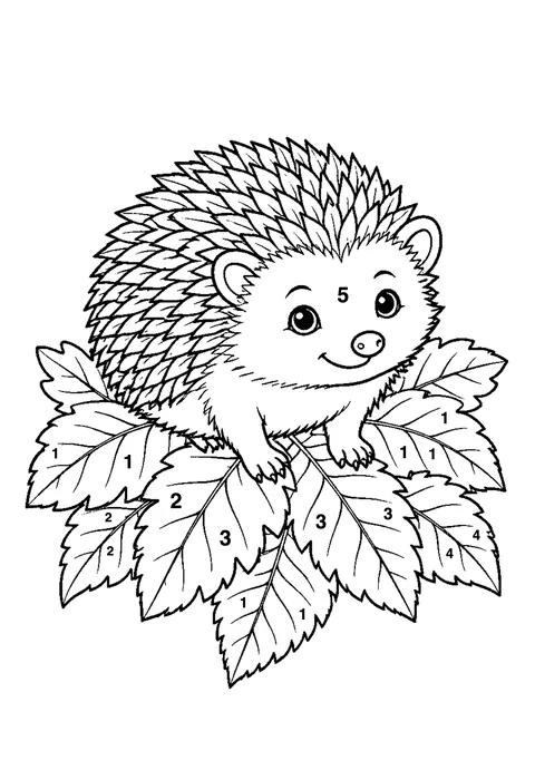 Hedgehog on leaves coloring page with numbered areas and a color key for color by number