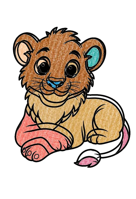 Completed crayon-colored example of the Lion cub coloring page