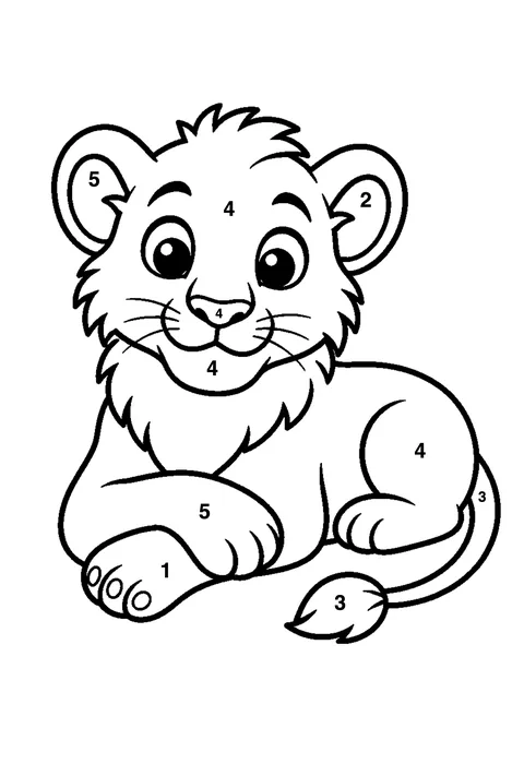 Lion cub coloring page with numbered areas and a color key for color by number