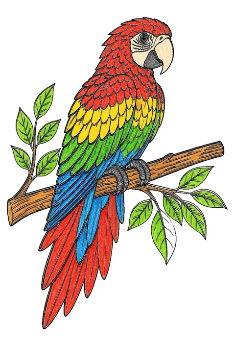 Completed crayon-colored example of the Parrot on a branch coloring page