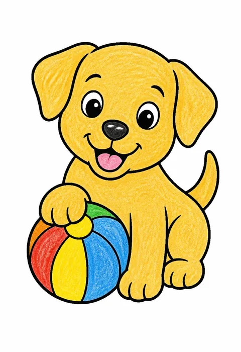 Completed crayon-colored example of the Puppy with a ball coloring page