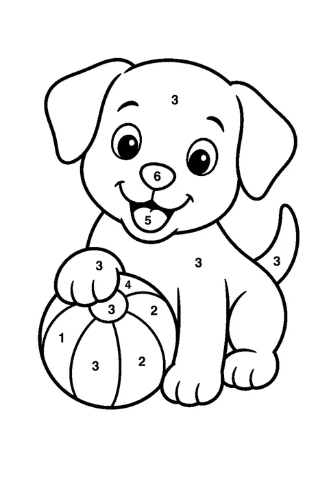 Puppy with a ball coloring page with numbered areas and a color key for color by number