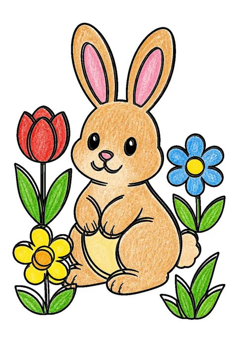 Completed crayon-colored example of the Rabbit in the garden coloring page