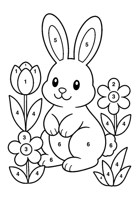 Rabbit in the garden coloring page with numbered areas and a color key for color by number
