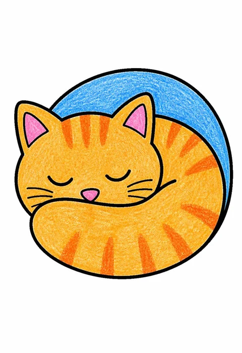 Completed crayon-colored example of the Sleeping cat coloring page