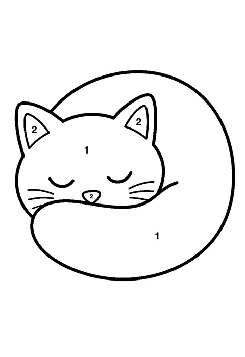 Sleeping cat coloring page with numbered areas and a color key for color by number