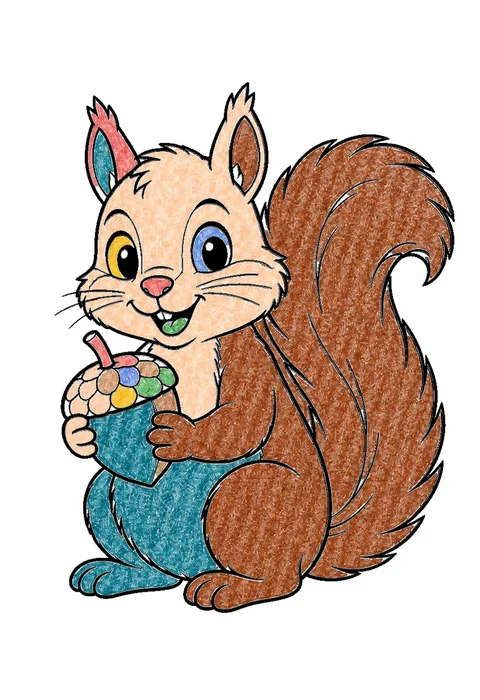 Completed crayon-colored example of the Squirrel with an acorn coloring page