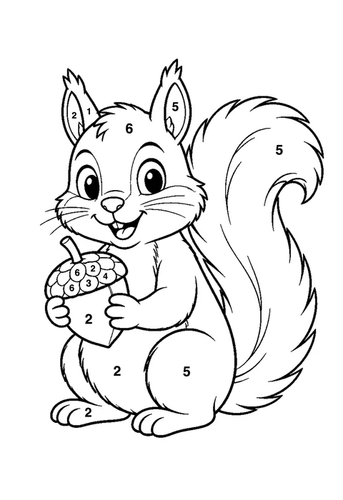 Squirrel with an acorn coloring page with numbered areas and a color key for color by number