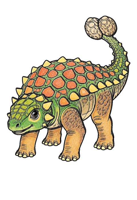 Completed crayon-colored example of the Ankylosaurus with club tail coloring page